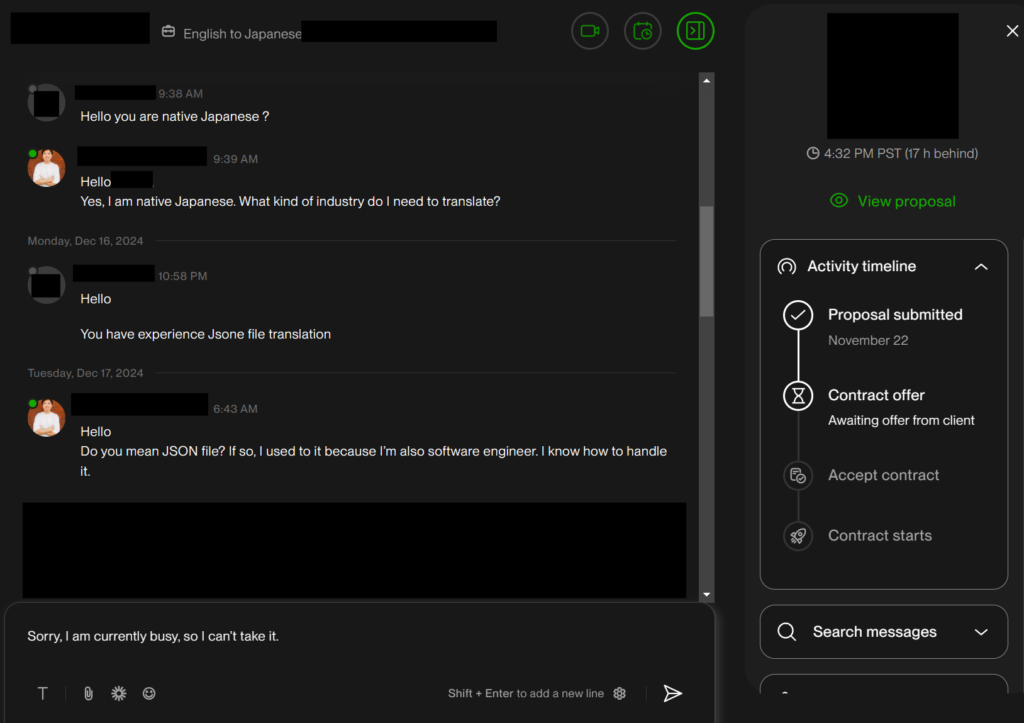 Screenshot of a message from a client with unverified payment details.