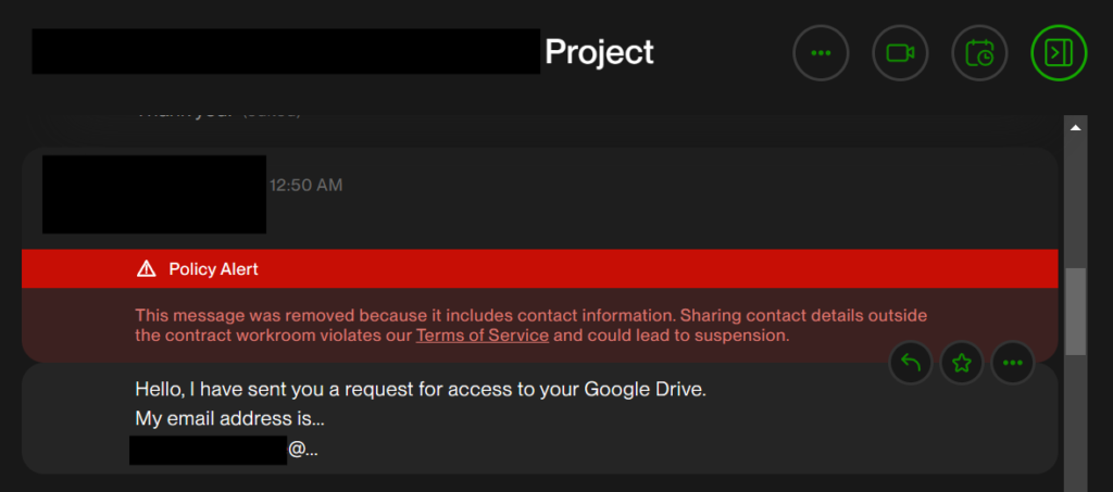 This image shows a message where the client sent their contact information or personally identifiable information before the contract was made. Exchanging personal information before a contract may violate the platform's terms of service.