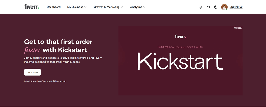 FiverrのKickstartプラン。月額15ドルでキーワードリサーチなどFiverrで活動する上で必要な情報を得ることができるプラン