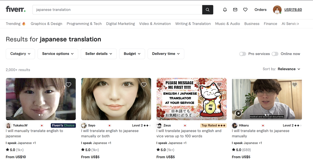 Fiverrで「japanese translation」と検索した結果